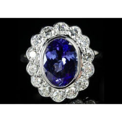 5.15 Ct Oval Bezel Set Tanzanite With Diamonds Ring 14K White Gold