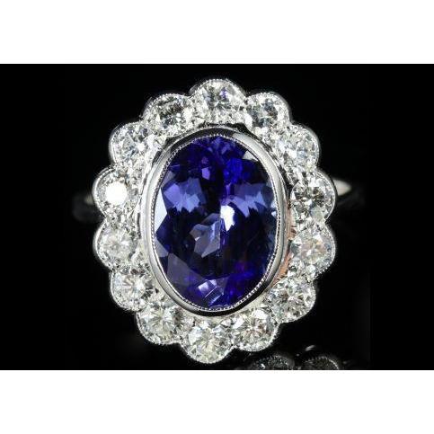 5.15 Ct Oval Bezel Set Tanzanite With Diamonds Ring 14K White Gold