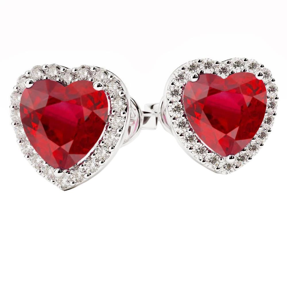 5.20 Carats Heart Cut Red Ruby & Diamond Stud Earring White Gold 14K