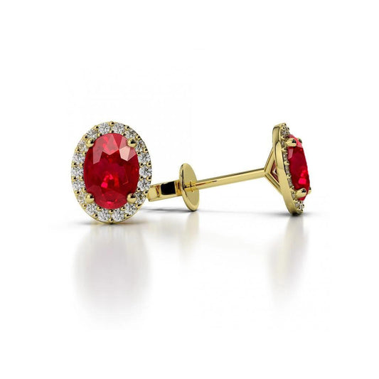 5.20 Carats Oval Cut Ruby With Round Diamond Stud Halo Earrings