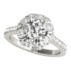 5.25 Carats Halo Round Old Miner Natural Earth Mined Diamond Ring Flower Style White Gold