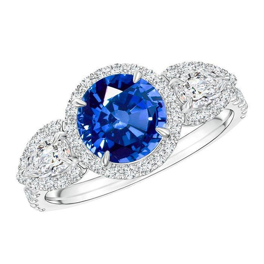 5.30 Ct Pear And Round Ceylon Sapphire Diamonds Ring White Gold 14K