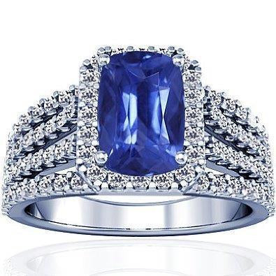 5.50 Carats Cushion & Round Ceylon Sapphire with Diamonds Ring WG 14K