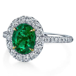5.50 Carats Green Emerald And Natural Earth Mined Diamonds Engagement Ring Two Tone 14K