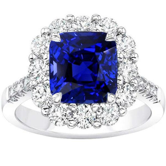 5.50 Carats Halo Cushion Deep Blue Sapphire Ring & Diamond Jewelry