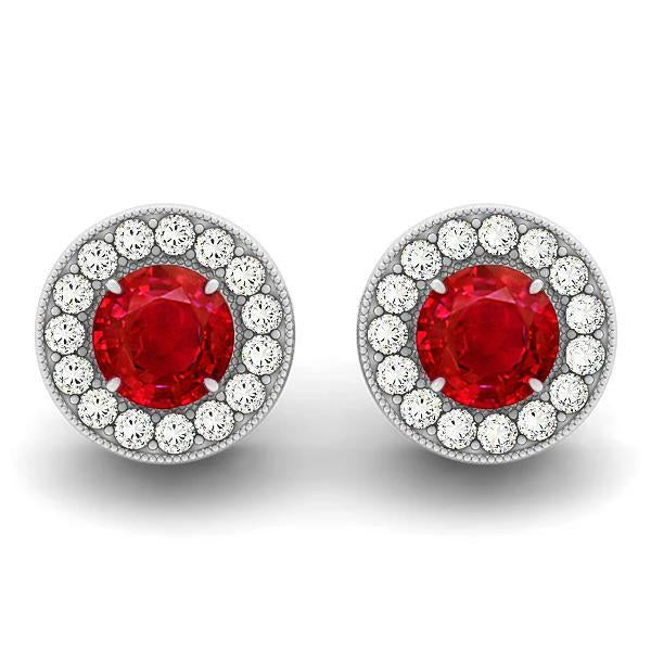 5.50 Carats Round Cut Ruby With Diamonds Halo Studs Earrings