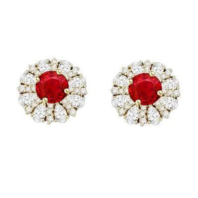 5.50 Carats Ruby Diamond Cluster Women Studs Earrings Yellow Gold 14K