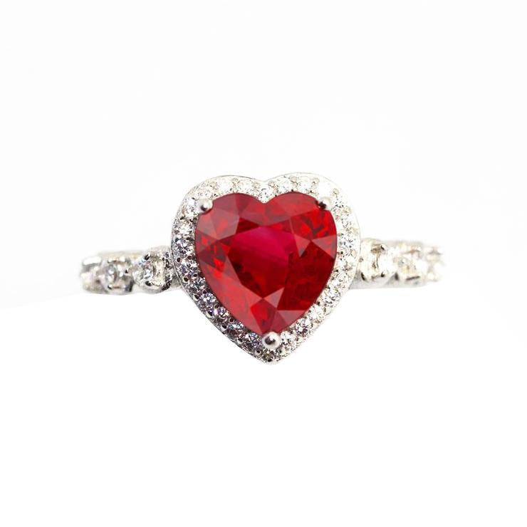 5.50 Ct Heart Shaped Ruby Halo Round Diamond Ring White Gold 14K