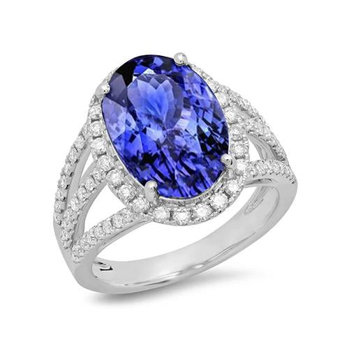 5.80 Carats Oval Tanzanite & Round Diamond Fancy Ring White Gold 14K