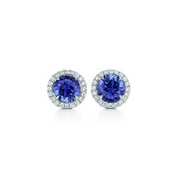 5.90 Carats Brilliant Tanzanite With Diamonds Stud Halo Earrings 14K