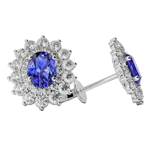 6 Carats Blue Tanzanite And Diamonds Women Studs Earrings Gold 14K
