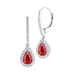 6 Carats Ruby And Natural Earth Mined Diamonds Women Dangle Earrings White Gold 14K
