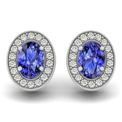 6 Ct Halo Blue Tanzanite And Diamond Stud Earrings 14K White Gold