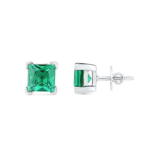 6 Ct Princess Cut Green Emerald Stud Earrings