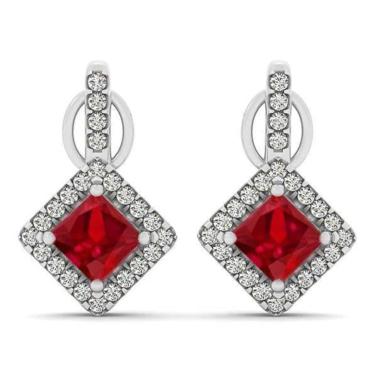 6 Ct Red Ruby With Diamonds Lady Dangle Earrings White Gold 14K