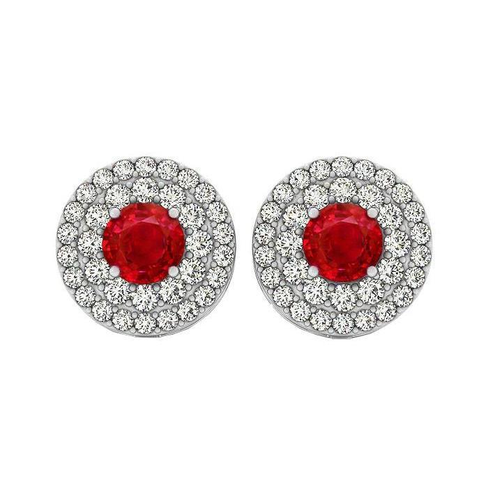 6 Ct Round Cut Ruby And Diamonds Studs Earrings Halo 14K White Gold