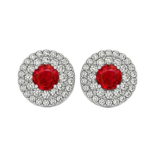 6 Ct Round Cut Ruby And Diamonds Studs Earrings Halo 14K White Gold