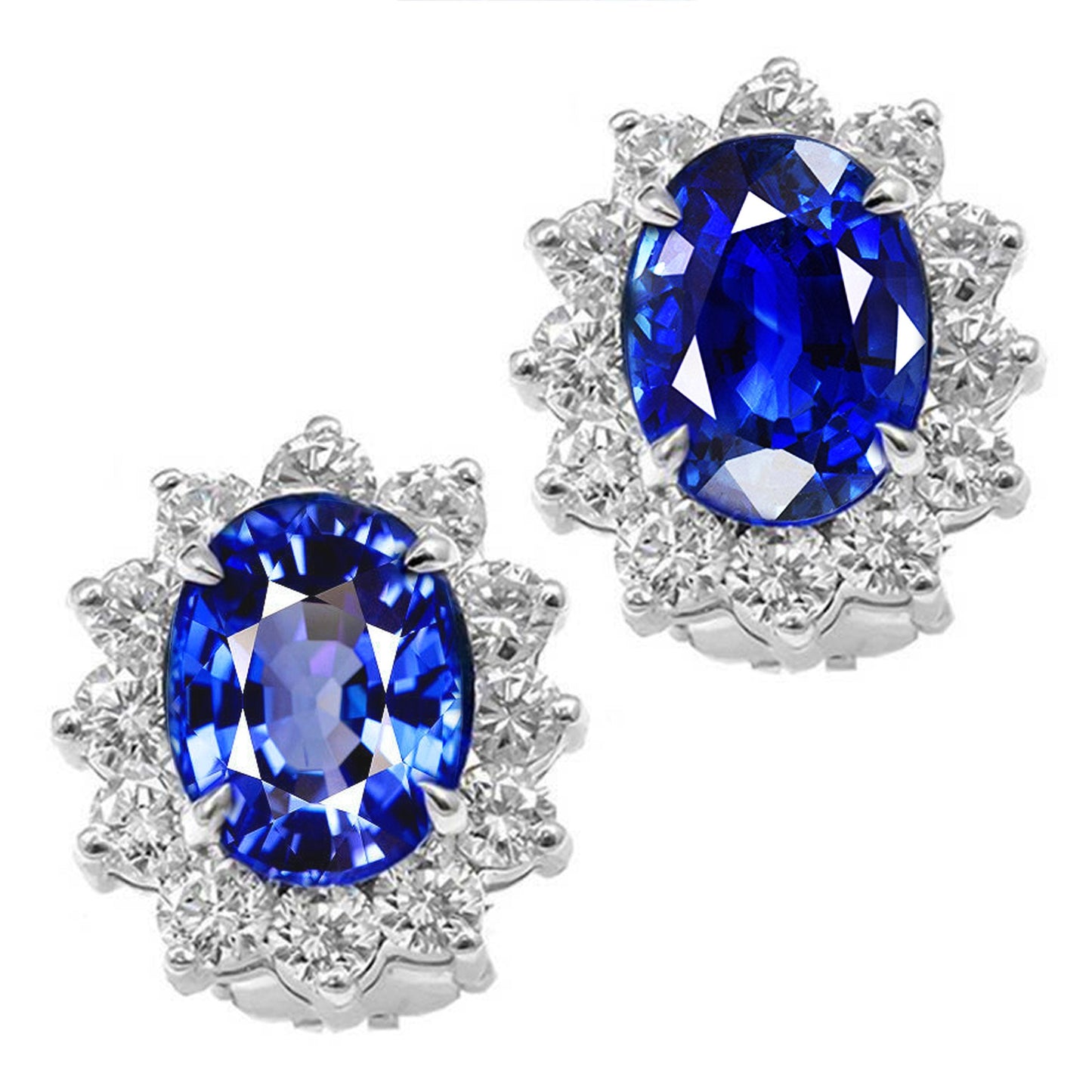6 Ct. Blue Oval Sapphire Round Diamond Cluster Earring