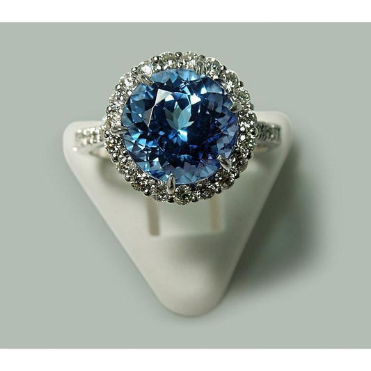 6 Ct. Round Tanzanite & Diamonds Solitaire With Accents Ring WG 14K
