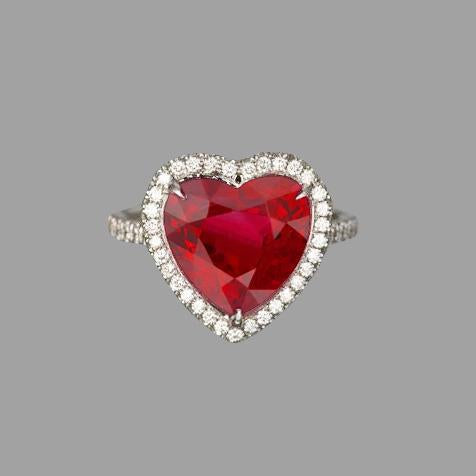 6.25 Carats Heart Cut Ruby Gemstone And Diamond Ring White Gold 14K