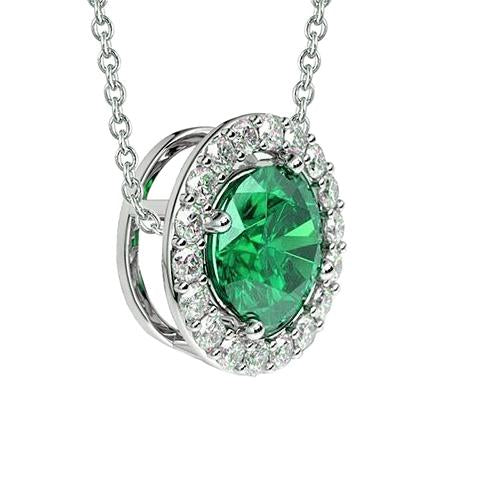 6.30 Carats Green Emerald And Diamonds Pendant Necklace 14K Gold White