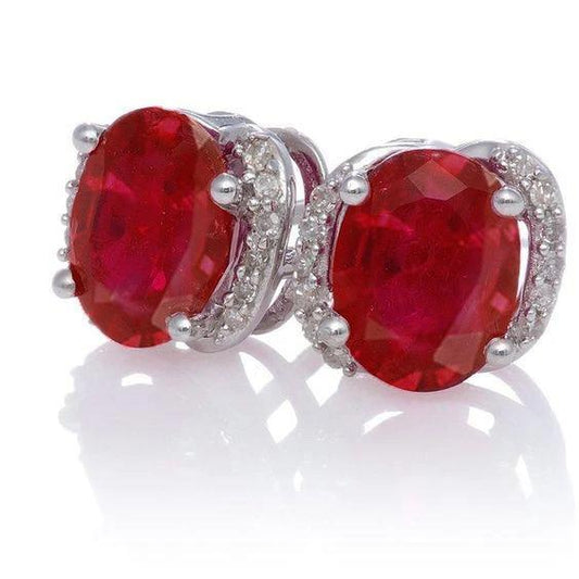 6.40 Carats Red Ruby With Diamond Stud Earring White Gold 14K