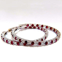 6.50 Ct Round Red Ruby And Natural Earth Mined Diamond Women Hoop Earring Gold 14K