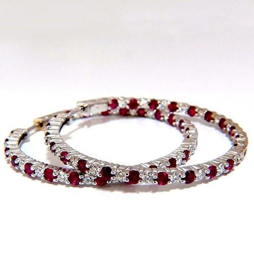 6.50 Ct Round Red Ruby And Diamond Women Hoop Earring Gold 14K