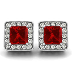 6.70 Ct Ruby With Natural Earth Mined Diamonds Lady Studs Earrings White Gold 14K