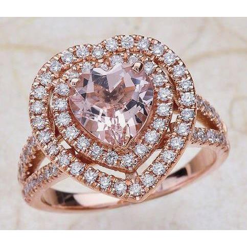 7 Ct. Heart Cut Pink Gemstone With Double Halo Diamond Ring Rose 14K