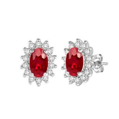 7.10 Carats Oval Ruby And Round Diamonds Studs Earring White Gold 14K