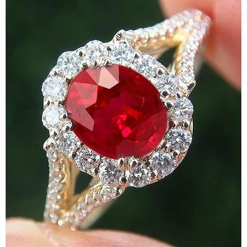 7.25 Carats Oval Red Ruby With Diamond Wedding Ring Yellow Gold 14K