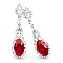 7.48 Carats Ruby And Natural Earth Mined Diamonds Women Dangle Earrings 14K White Gold