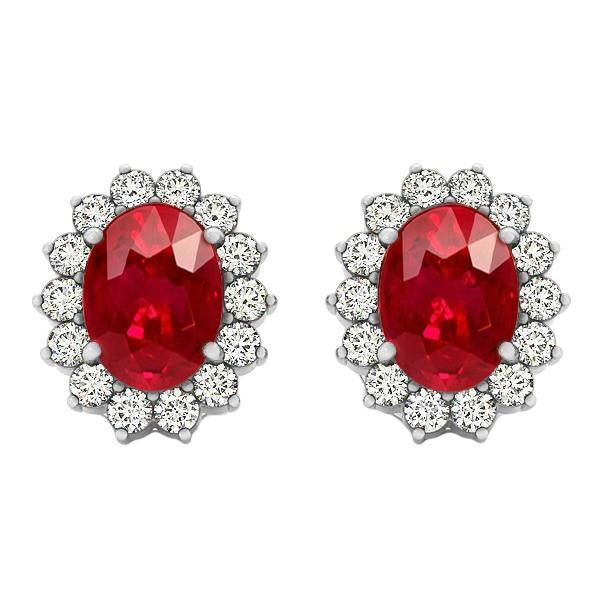 7.50 Ct Oval Ruby With Round Diamonds Studs Earrings White Gold 14K