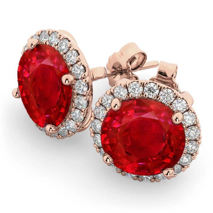 7.50 Ct Round Red Ruby And Halo Diamond Stud Earring Rose Gold