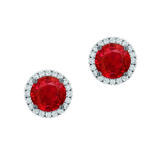 8 Carats Round Ruby And Diamond Halo Stud Earrings White Gold 14K