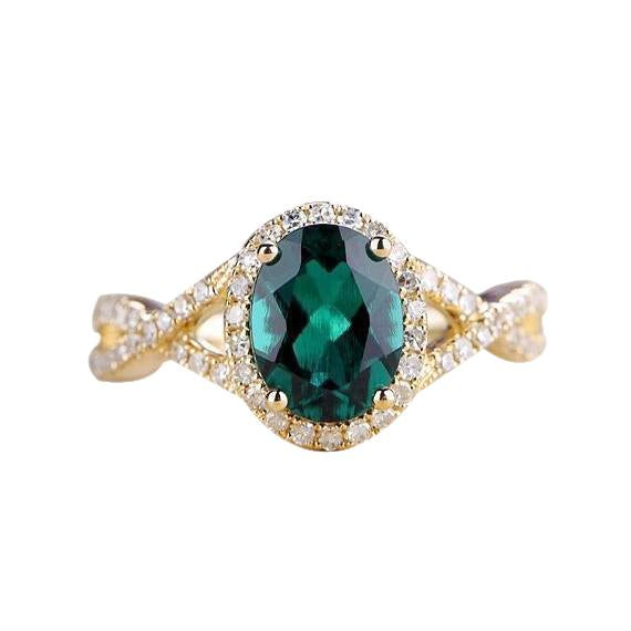 8 Ct Green Emerald Stone Ring With Diamond Jewelry Yellow Gold 14K