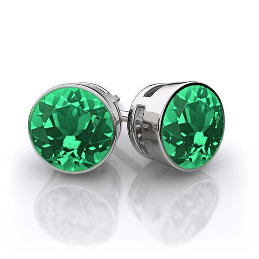 8 Ct Bezel Set Green Emerald Stud Earrings 14K White Gold
