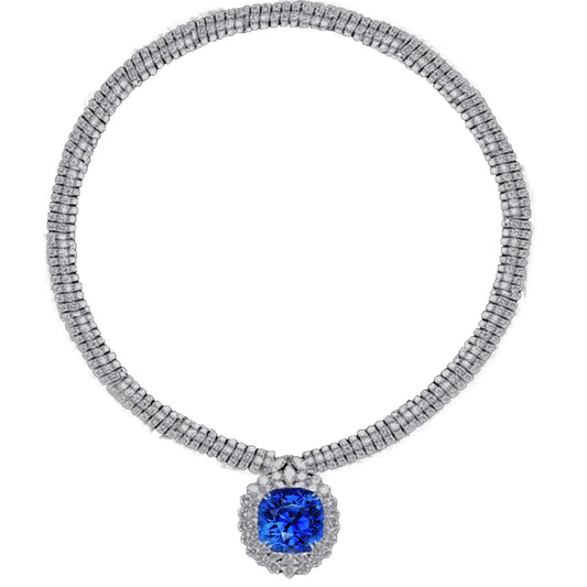 88.67 Carats Blue Sapphire White Diamonds Platinum Necklace