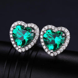 8.48 Ct Halo Heart Cut Green Emerald With Diamond Stud Earring