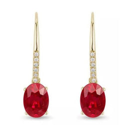 8.60 Ct Ruby With Natural Earth Mined Diamonds Dangle Earrings Yellow Gold 14K