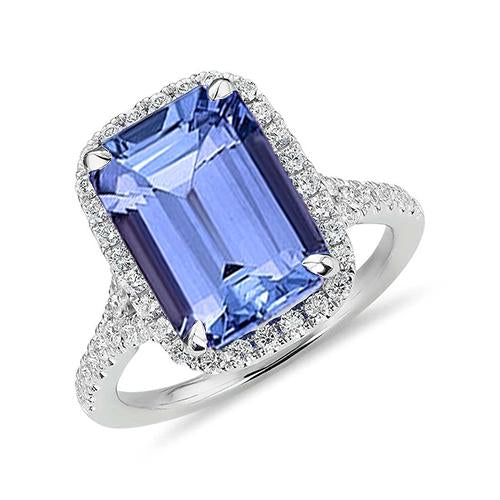 8.75 Ct Emerald Shape Tanzanite With Round Diamonds Ring Gold New