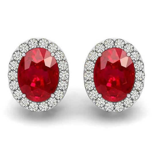 8.80 Ct Ruby And Diamonds Studs Halo Earrings Gold White 14K