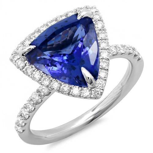 9 Carats Trillion Shape Tanzanite With Round Diamonds Ring White Gold
