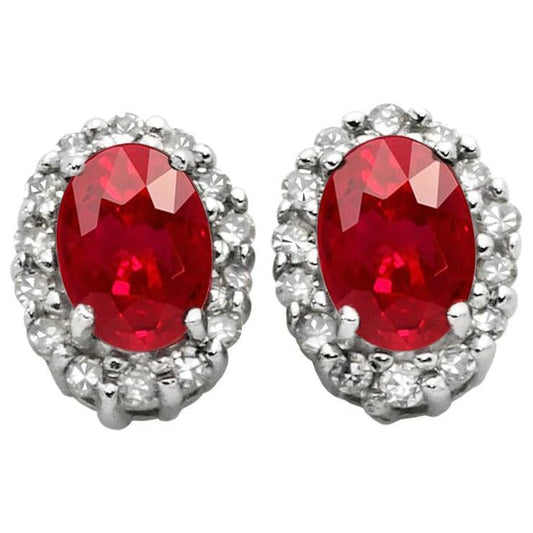 9 Ct Oval Cut Red Ruby & Diamond Cluster Ladies Stud Gold Earring Pair
