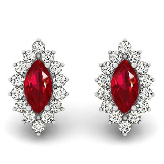 9 Carats Marquise Ruby With Diamonds Studs Earrings White Gold 14K