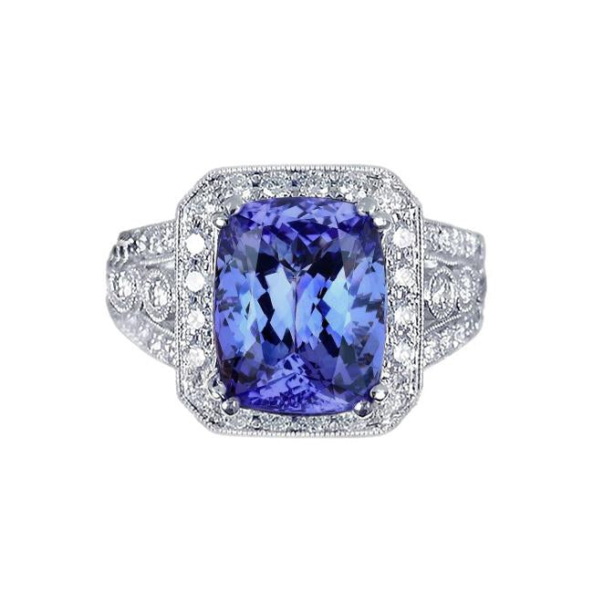 9.50 Carat Cushion Tanzanite And Round Diamonds Ring Vintage Style