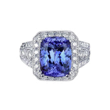9.50 Carat Cushion Tanzanite And Round Diamonds Ring Vintage Style