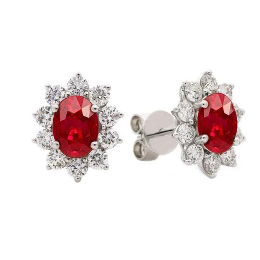 9.50 Carats Ruby And Diamond Flower Style Stud Cluster Halo Earrings