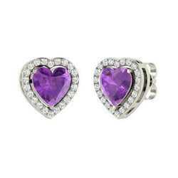 Amethyst And Natural Earth Mined Diamonds 6.80 Carats Studs Earrings Halo White Gold 14K